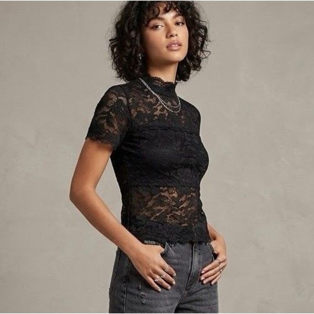 GUESS Black Floral Lace Mock Neck Top | Sheer Y2K Whimsigoth Blouse XS